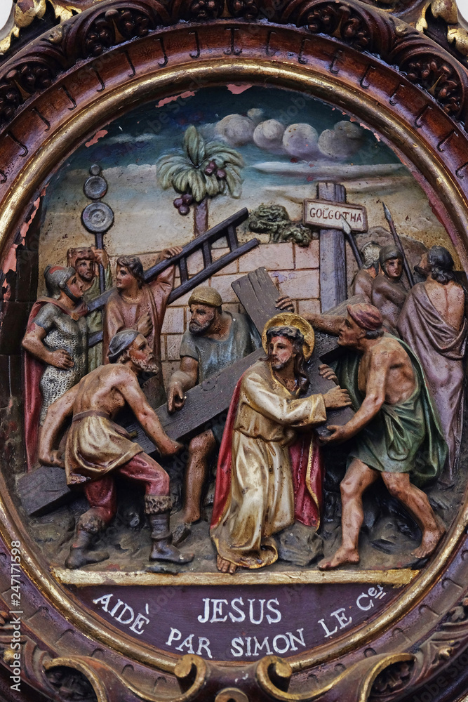 5th Stations of the Cross, Simon of Cyrene carries the cross, Carthusian monastery in Pleterje, Slovenia 