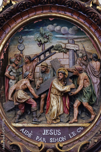 5th Stations of the Cross, Simon of Cyrene carries the cross, Carthusian monastery in Pleterje, Slovenia 