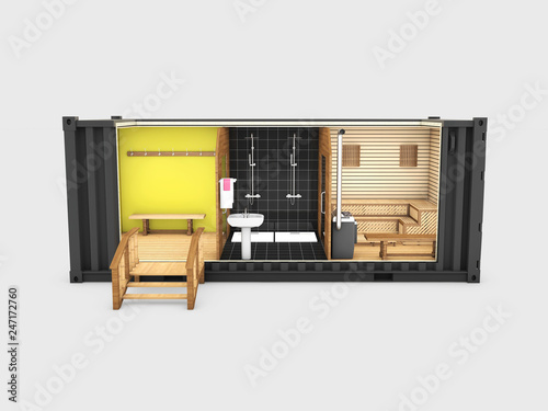 Fototapeta Naklejka Na Ścianę i Meble -  Converted old shipping container into sauna, 3d Illustration isolated gray