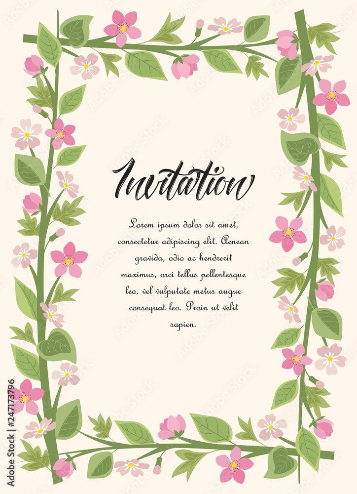 Vector illustration frame flowers with leaves. Floral background