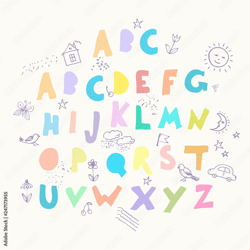 Colorful geometrical alphabet, naive style letters