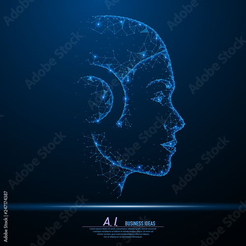 Abstract polygonal light of closeup robot woman face