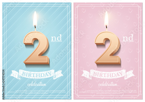 Burning number 2 birthday candle with vintage ribbon and birthday celebration text on textured blue and pink backgrounds in postcard format. Vector vertical second birthday invitation templates.