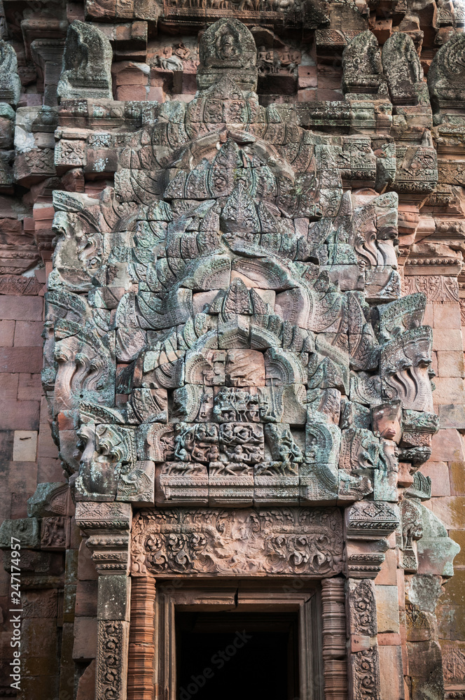 Carved stone facade of Phanom Rung castle in Buriram, Thailand