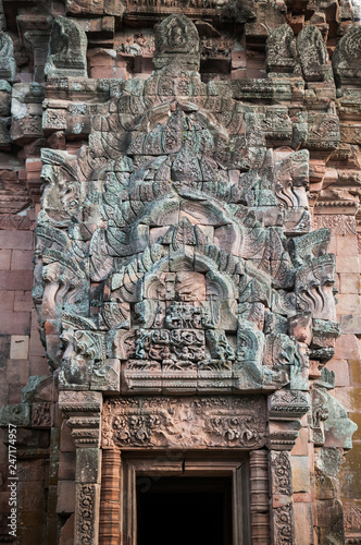 Carved stone facade of Phanom Rung castle in Buriram, Thailand