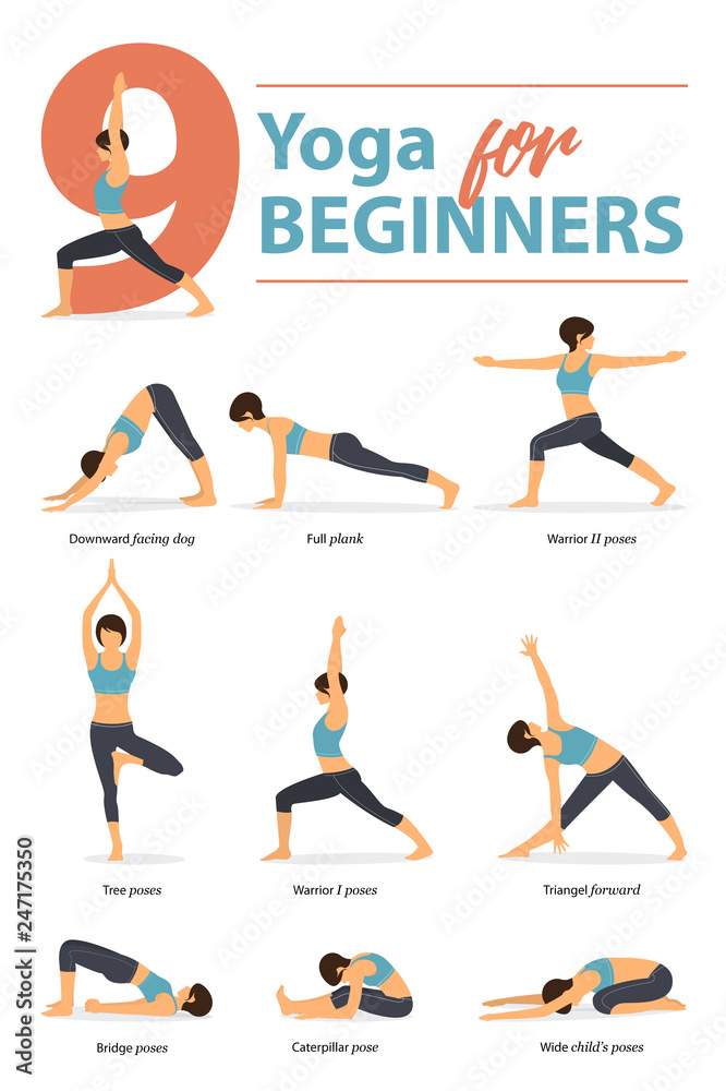 Set of yoga postures female figures Infographic 9 Yoga poses for