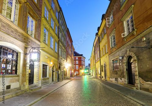 Warsaw street in city center at night, near market square and old town