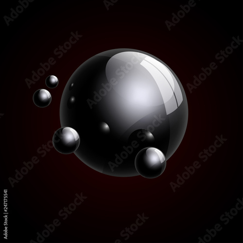group of realistic black glass balls 3d vector illustration. Moving like planets in space
