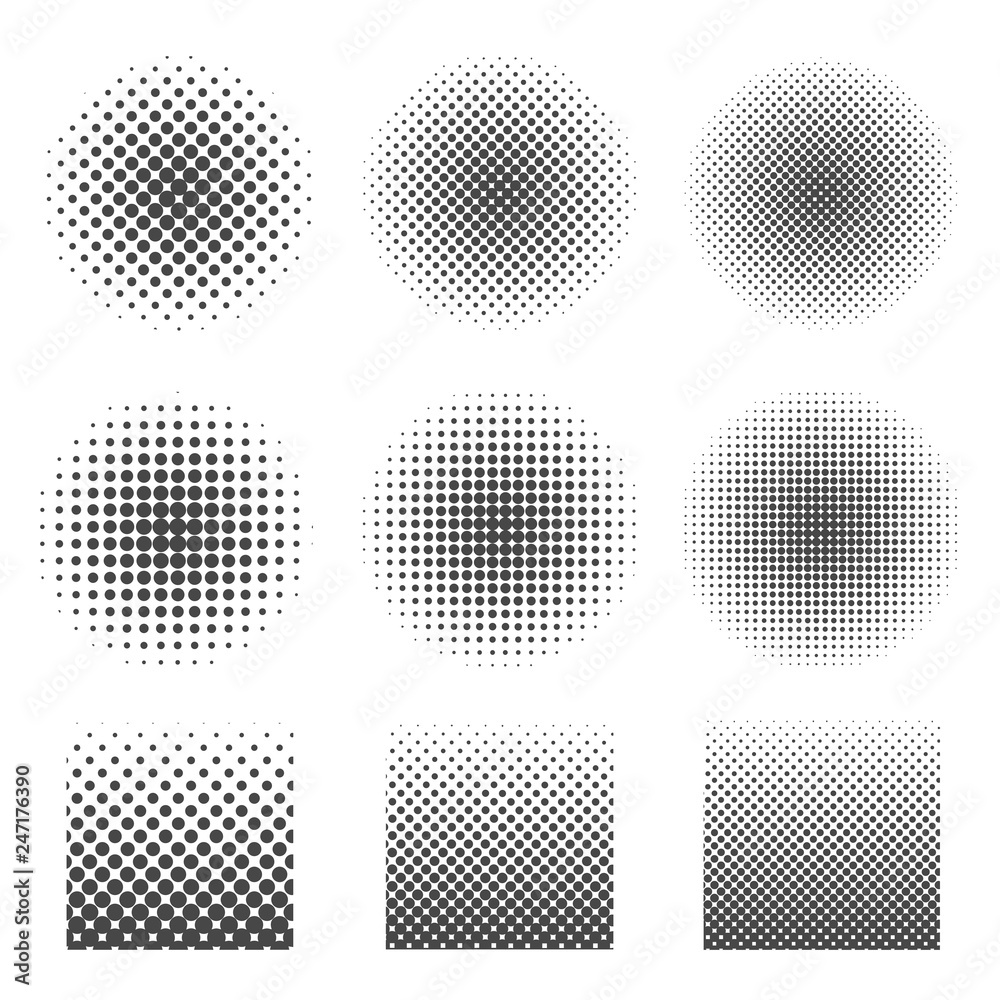 Abstract halftone set of circles and square.