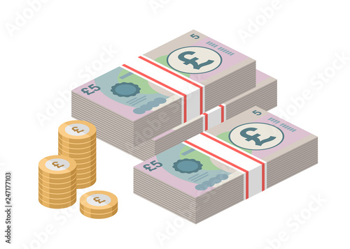 Isometric stacks of 5 pound sterling banknotes and coins. British money. Big pile of cash. Currency. Vector illustration.