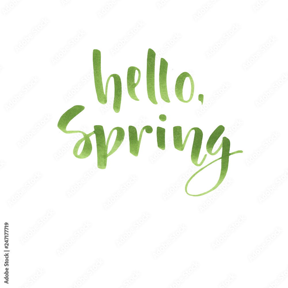 Green spring lettering with hand drawn letters in watercolor style on white background Green spring lettering with hand drawn letters in watercolor style on white background