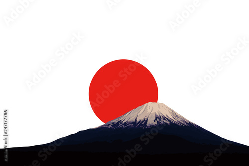 Mount Fuji and red rising sun. Flag and symbol of Japan.