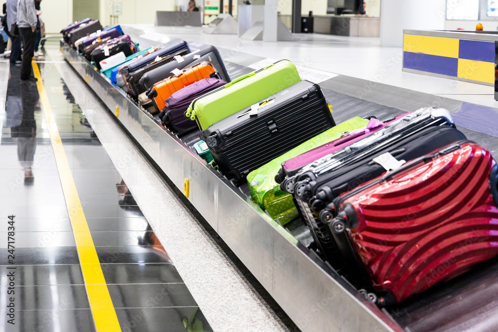 Baggage luggage on conveyor carousel belt at airport arrival Stock ...