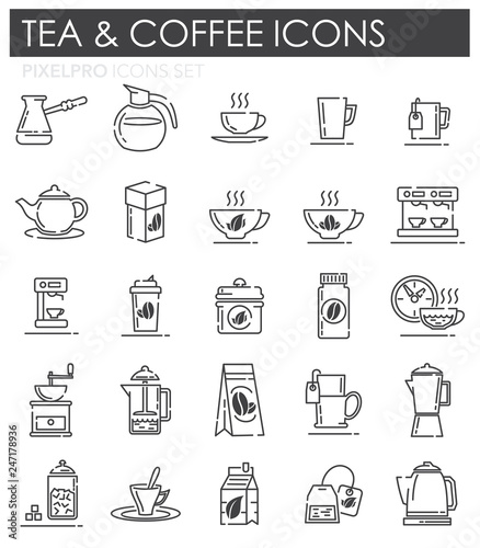 Tea and coffee outline icons set on white background for graphic and web design, Modern simple vector sign. Internet concept. Trendy symbol for website design web button or mobile app