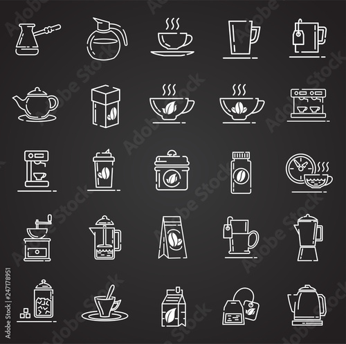 Tea and coffee outline icons set on black background for graphic and web design, Modern simple vector sign. Internet concept. Trendy symbol for website design web button or mobile app