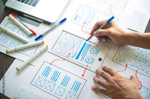 ux Graphic designer creative  sketch planning application process development prototype wireframe for web mobile phone . User experience concept.
