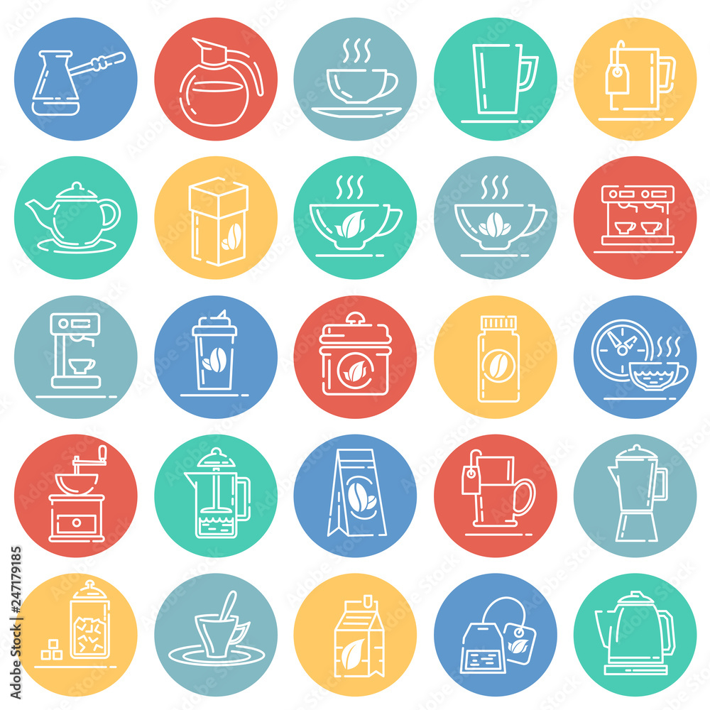 Tea and coffee outline icons set on color circles white background for graphic and web design, Modern simple vector sign. Internet concept. Trendy symbol for website design web button or mobile app Tea and coffee outline icons set on color circles white background for graphic and web design, Modern simple vector sign. Internet concept. Trendy symbol for website design web button or mobile app