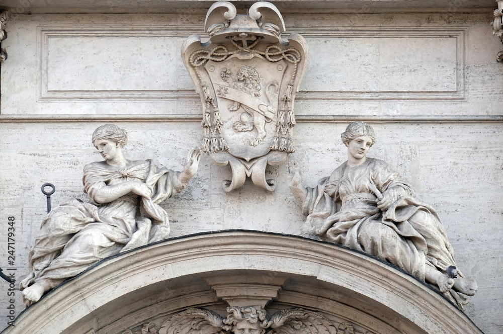 Coat of arms of Cardinal Francesco Peretti on the portal of Sant Andrea della Valle Church in Rome, Italy 