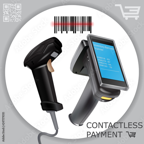 Hand held wireless barcode scanner reader scanning bar code on white background. Laser beam. Vector illustration in 3d