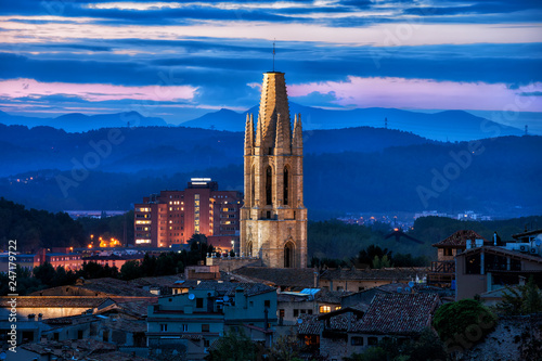 Sant Feliu Basilica Tower at Dusk in Girona