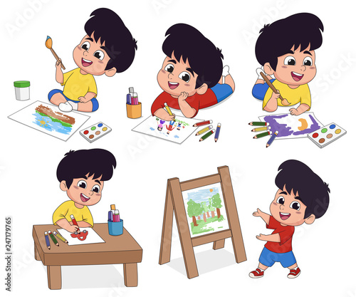 In class the children are drawing on paper in the imagination of both wood and watercolor.