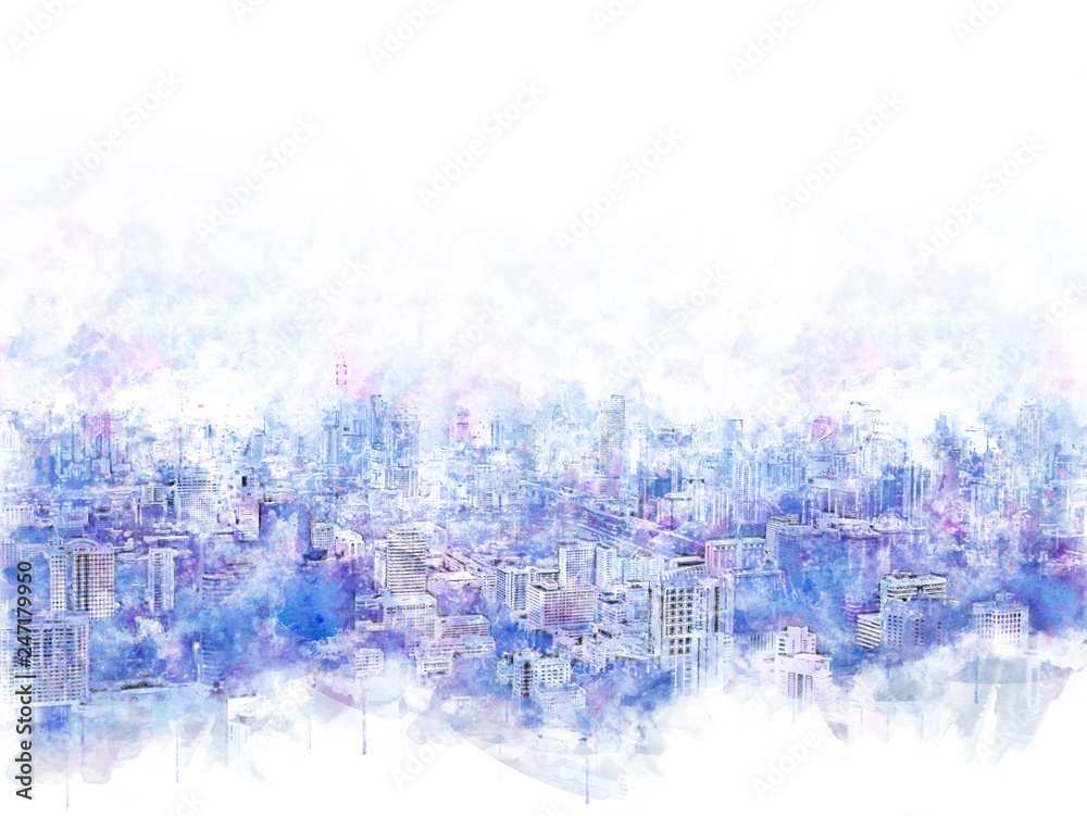 Obraz premium Abstract Beautiful capital city in the sunrise evening on watercolor illustration painting background.