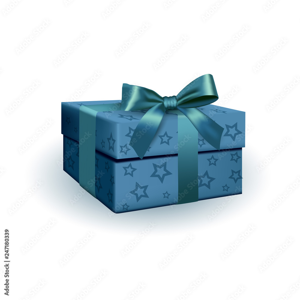 Obraz premium Realistic Blue gift box with bow. Template for icon, advertising design, offers, presents, symbol of surprise, for Christmas, Valentine present. Vector illustration isolated on white background.