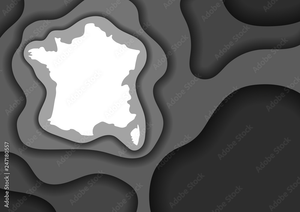 France map abstract schematic from grey monochrome layers paper cut 3D waves and shadows one over the other. Layout for banner, poster, greeting card. Vector illustration. France map abstract schematic from grey monochrome layers paper cut 3D waves and shadows one over the other. Layout for banner, poster, greeting card. Vector illustration.