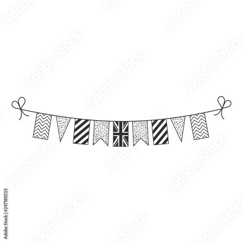 Decorations bunting flags for United Kingdom national day holiday in black outline flat design. Independence day or National day holiday concept.