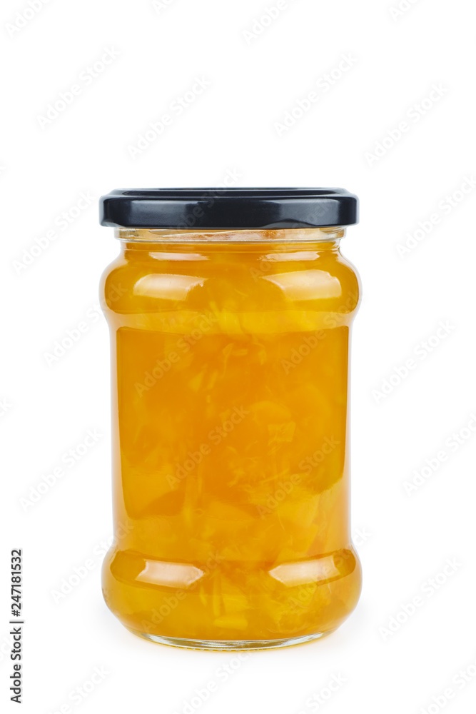 Glass jar with peach jam on white background Glass jar with peach jam on white background