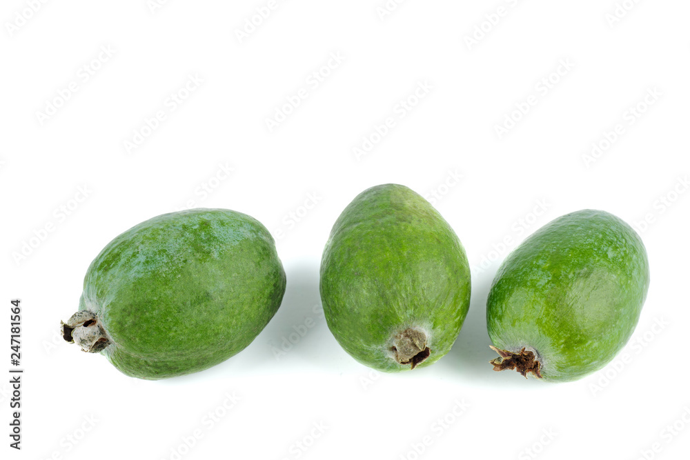 Three feijoa fruits isolated on white background Three feijoa fruits isolated on white background