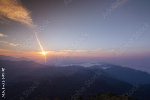 sunset on top of the mountain in pompee national park at Kanchanaburi, Thailand