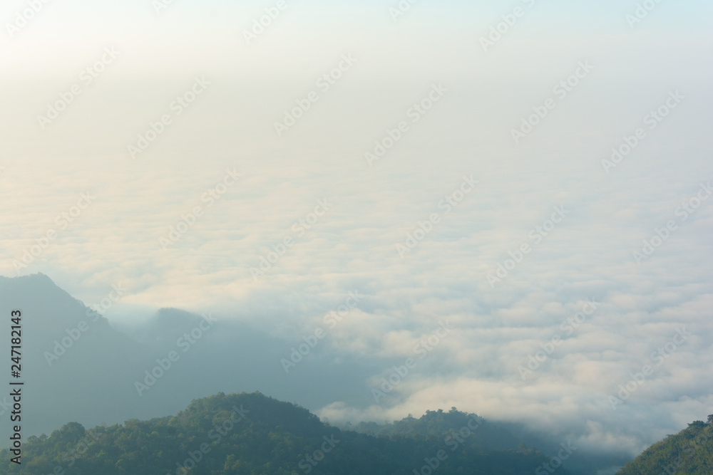 sea of fog on top of the mountain in pompee national park at Kanchanaburi, Thailand