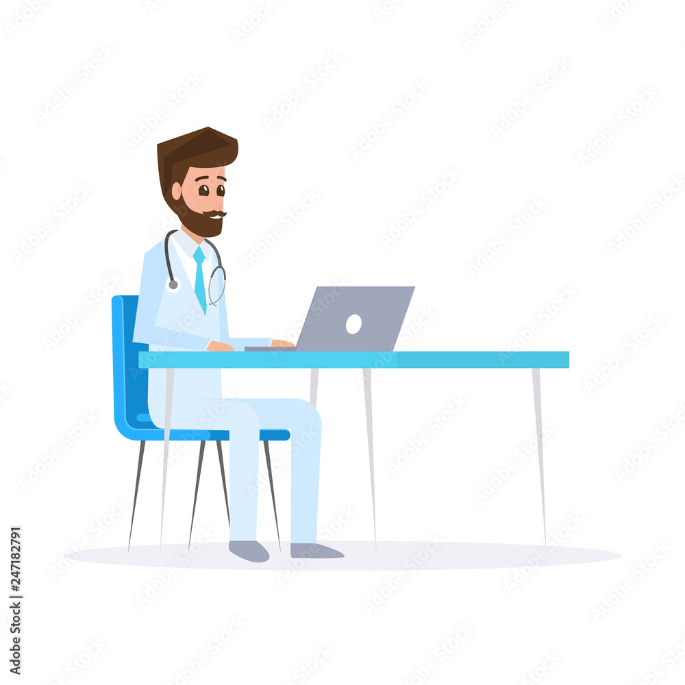 Doctor character design. Male doctor with laptop. Doctor character design. Male doctor with laptop.