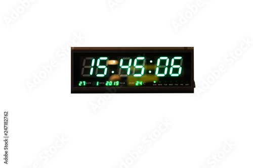 digital clock isolate on white background. Green LED light clock wall with thermometer.