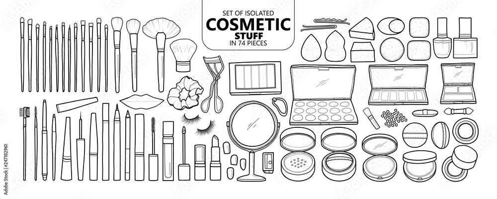 Set of isolated cosmetic stuff in 74 pieces.