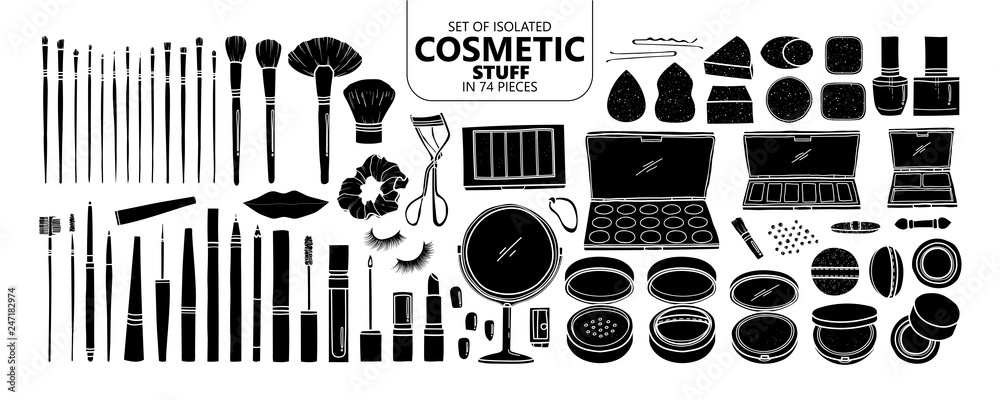 Set of isolated silhouette cosmetic stuff in 74 pieces.