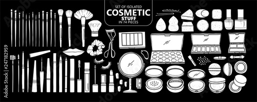 Set of isolated white silhouette cosmetic stuff in 74 pieces.