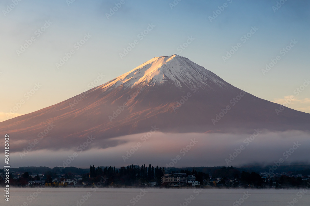 FUJI mountain at Lake Kawaguchiko, JAPAN. in morning time with light cloud.