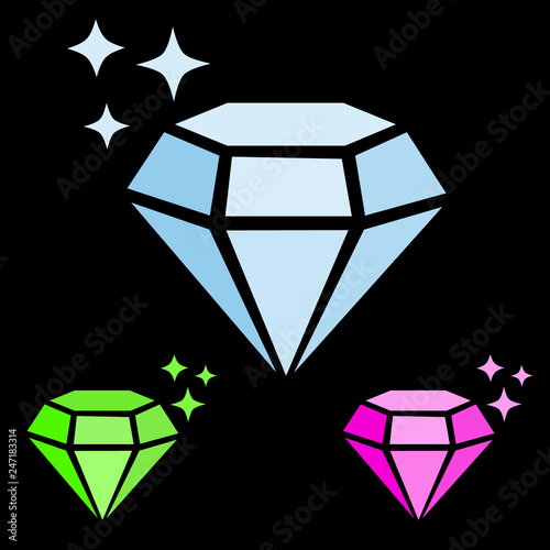 set of jewel gem icon blue diamond, pink ruby and green emerald simple vector with sparkles, black background, luxury concept
