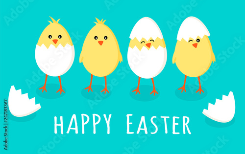 Easter greeting card with four cute little yellow chicks in cracked eggs and egg shell with sign text happy easter, vector graphic illustration. Easter themed, cartoon flat illustration isolated on