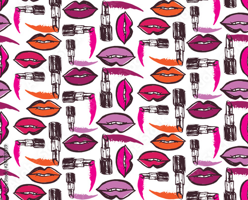 Hand drawn doodle lipstick kiss pattern background