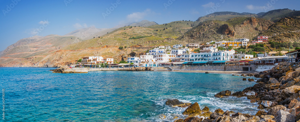 Scenic village of Hora Skafion and the mediterranean sea  in Crete, Greece