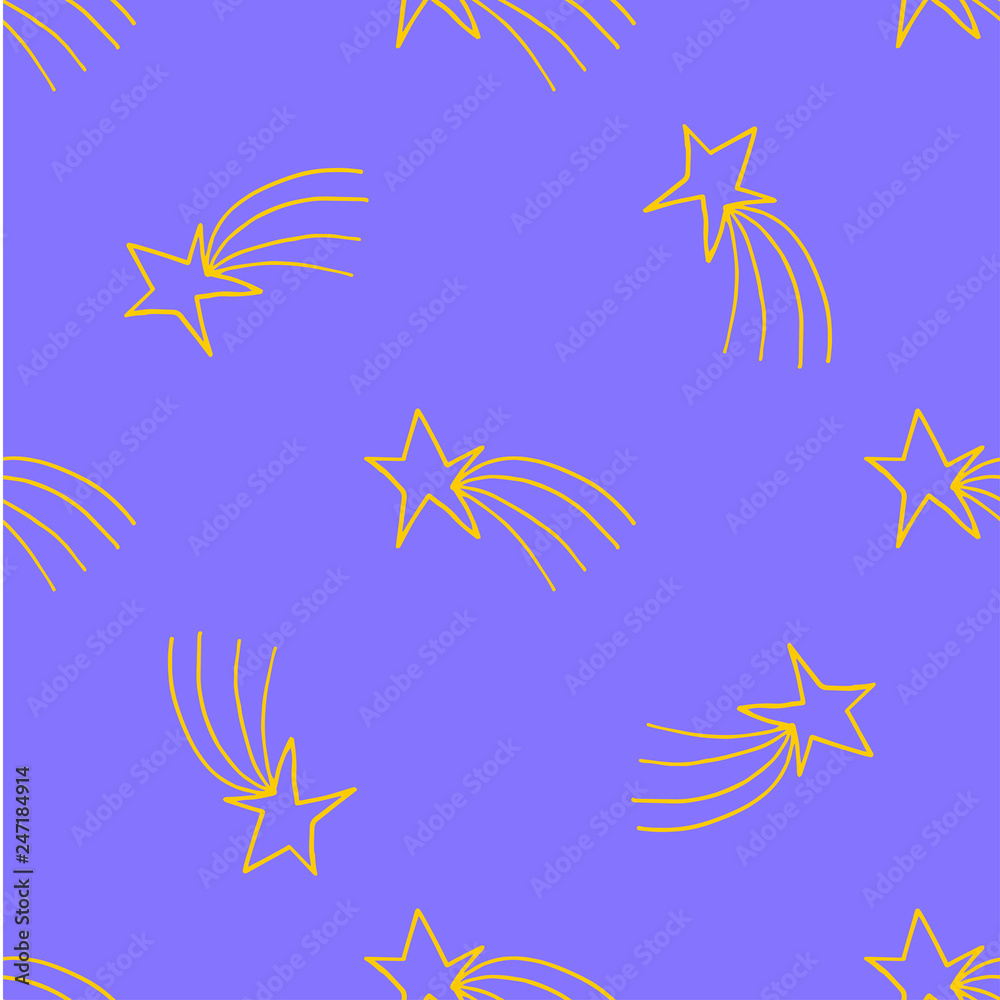 Print with hand drawn yellow outline stars on light purple background. Print with hand drawn yellow outline stars on light purple background.