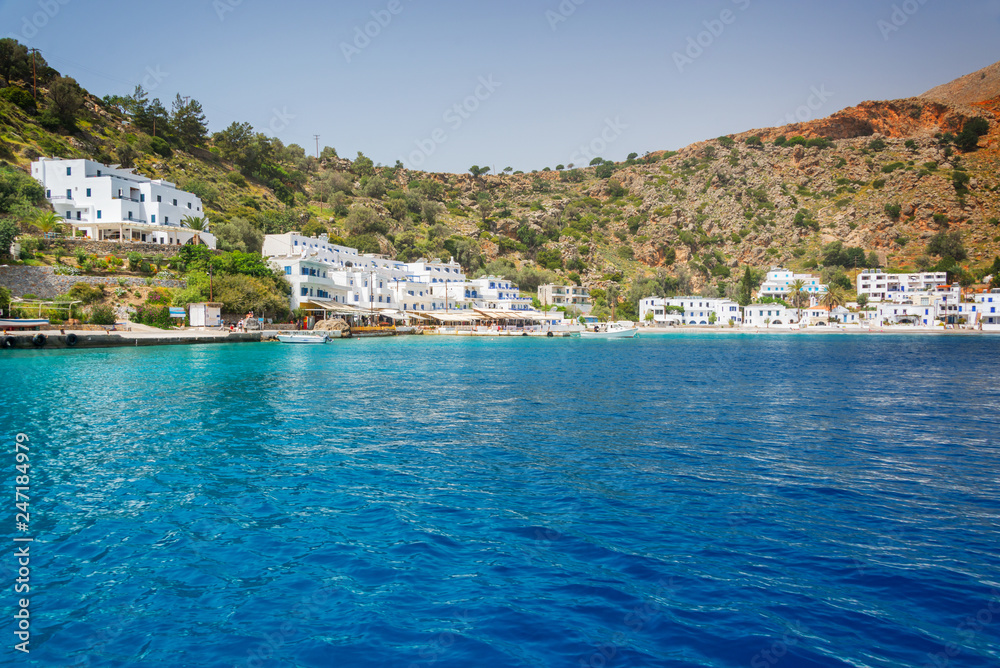 Scenic village of Loutro and the mediterranean sea  in Crete, Greece