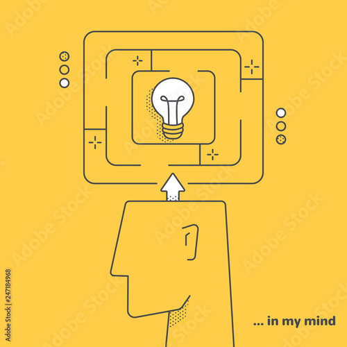 vector linear image on a yellow background, a man's head and a labyrinth with a light bulb in the center