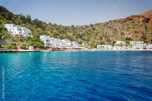 Scenic village of Loutro and the mediterranean sea in Crete, Greece