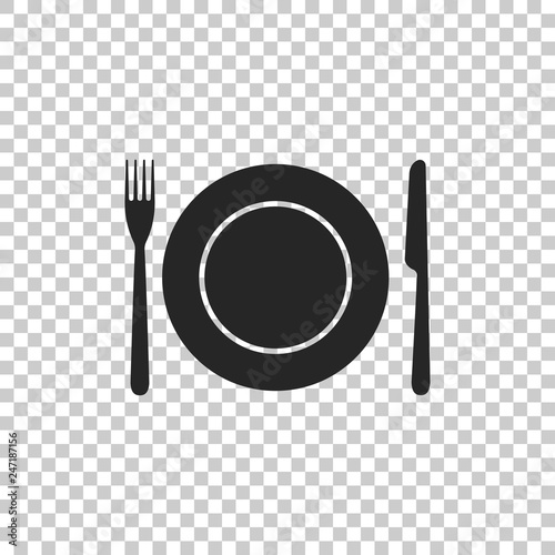 Plate, fork and knife icon isolated on transparent background. Cutlery symbol. Restaurant sign. Flat design. Vector Illustration