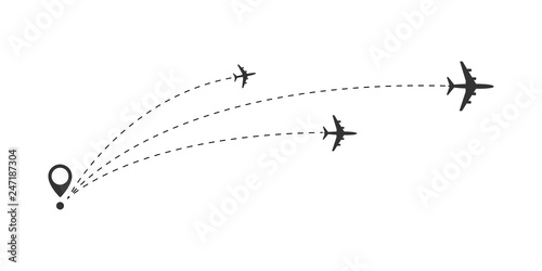 Airplane travel concept. Plane with start point and route dash line. 