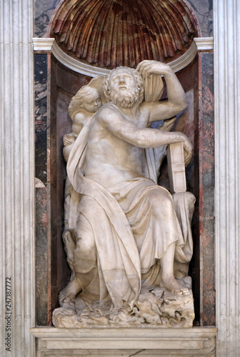 The prophet Elias and angel marble statue by Lorenzetto in the Chigi chapel in Church of Santa Maria del Popolo, Rome, Italy 